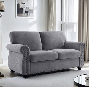 English Elm Soft Velvet Upholstered Loveseat with Turned Wood Legs Nailhead Trim Mid-century Style Grey B2735P292311