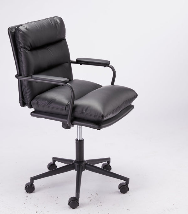 English Elm Black Black Leather Office Chair Mid Back PU Executive Desk Chair with Thick Cushion, Wheels, Arms, Durable Comfort, Easy Assembly B205P241911