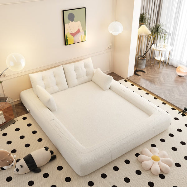 English Elm Human 78.7" Multi-Functional Foldable Sofa Bed – 3-in-1 Teddy Foam Sleeper, Removable Cushions, 2-Seater Guest Lounge Beige+White W1885P277275
