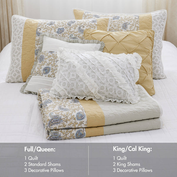 English Elm 6 Madison Park Dawn Cotton Percale Reversible Quilt Set Full/Queen Paisley Pintuck Lace Taping Vintage Chic Comfort Yellow 17.72 L x 22.83 W x 8.66 H B035129027