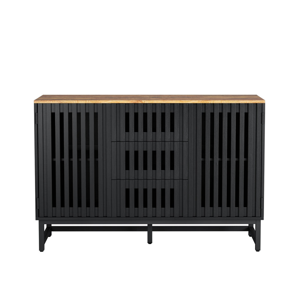English Elm 3 Drawer Black Dresser with 4 Shelves and Slatted Grille Doors — Modern MDF Sideboard, Durable Metal Legs, Ample Storage for Bedroom & Living Room W578P193314
