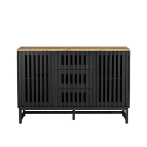English Elm 3 Drawer Black Dresser with 4 Shelves and Slatted Grille Doors — Modern MDF Sideboard, Durable Metal Legs, Ample Storage for Bedroom & Living Room W578P193314