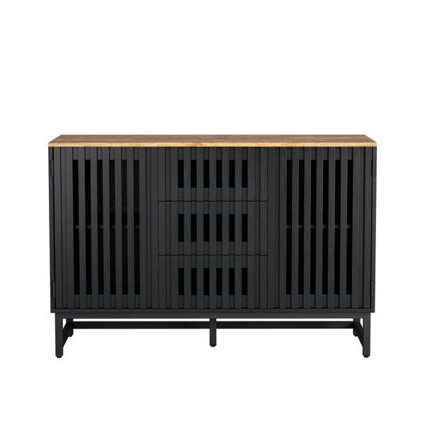 English Elm 3 Drawer Black Dresser with 4 Shelves and Slatted Grille Doors — Modern MDF Sideboard, Durable Metal Legs, Ample Storage for Bedroom & Living Room W578P193314