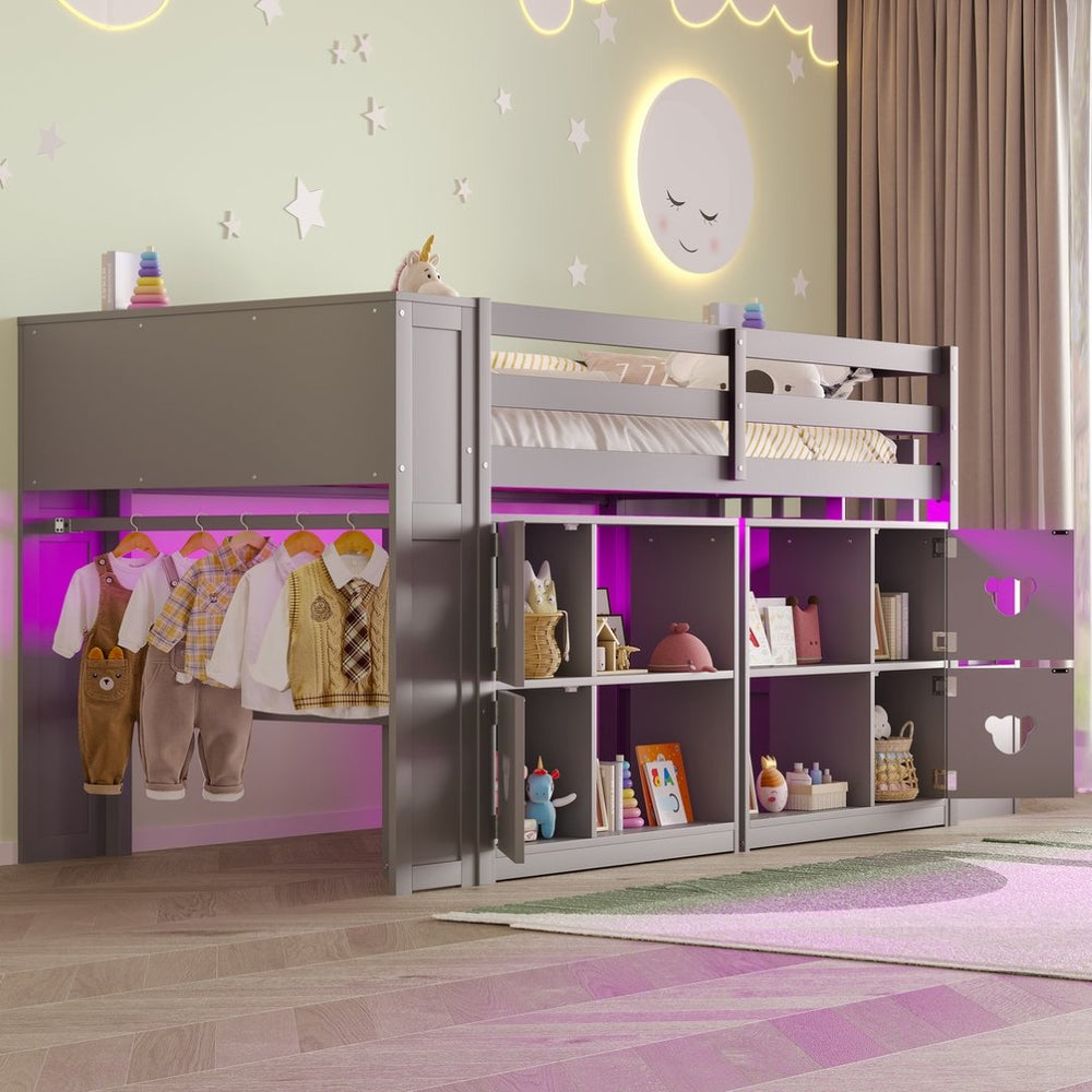 English Elm Twin Kids Low Loft Bed with Stair Drawers Built-in Led Shelving and Bear Handles W697S00040