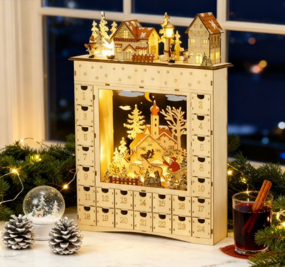 English Elm Christmas Advent Calendar Mdf Village Scene with 24 Drawers and Led Glow Mantle Decor T3971P414398