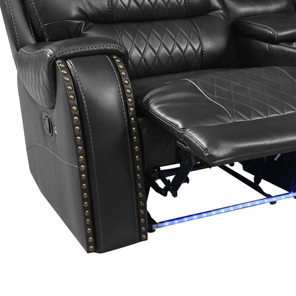 English Elm 113.5" Manual Reclining Sectional Sofa Set L-Shaped Symmetrical Motion Couch with LED Strip, 4 Cup Holders, Storage Boxes and Durable PU Leather Frame Black N719S001150B