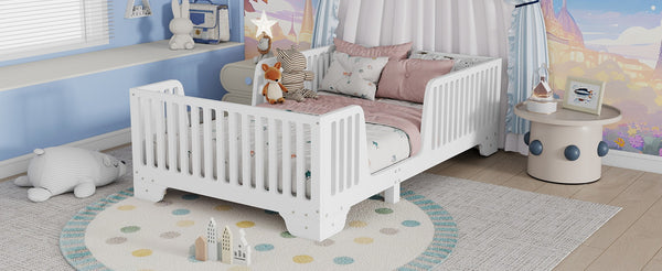 English Elm Twin Montessori Floor Bed with Safety Rails Hinged Door and Plywood Slats for Kids White W2593P381112