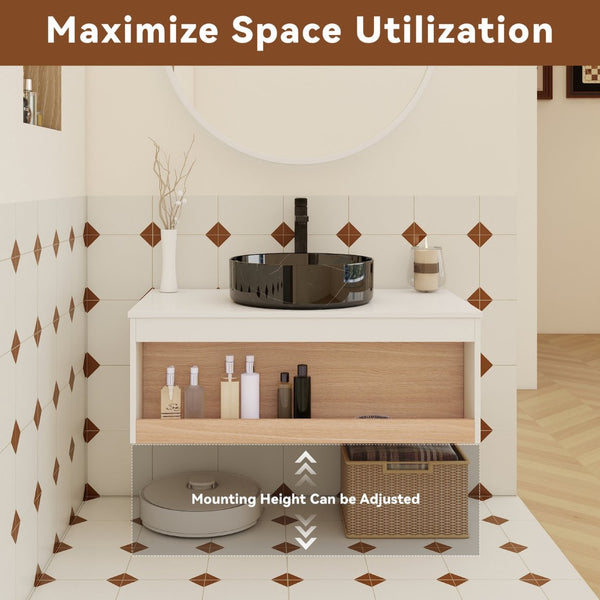 English Elm 36" Floating Bathroom Vanity Light Oak Modular Cabinet with Gel Coat Integrated Sink White + Light Oak,White+Black W3450S00065