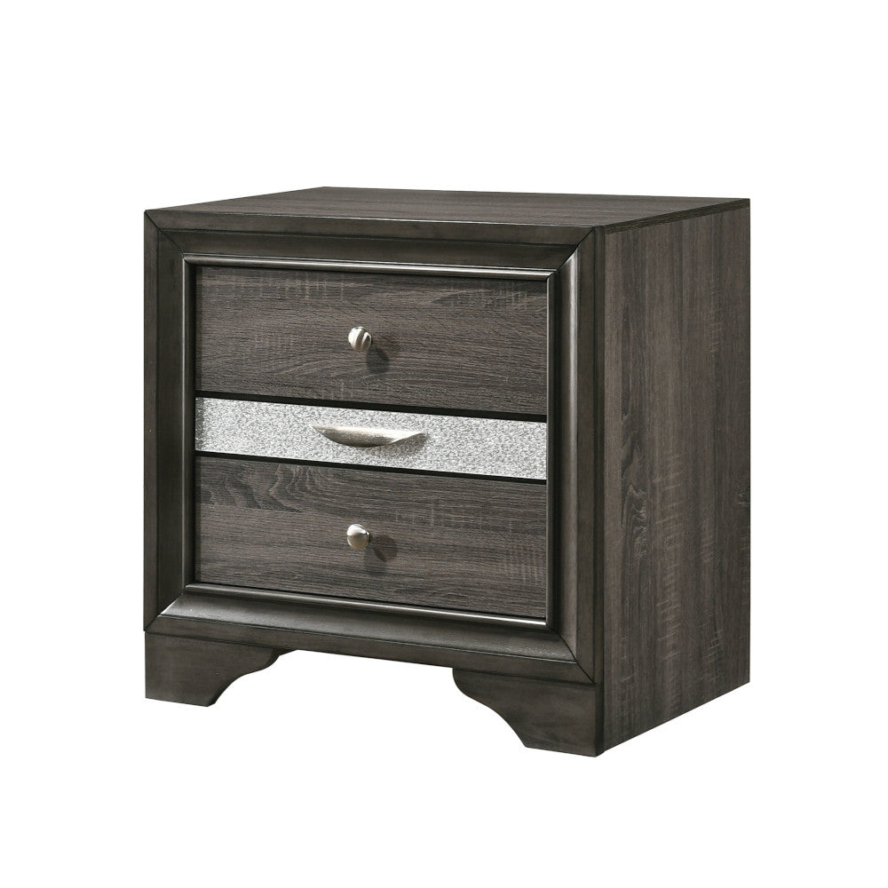 English Elm Naima Gray Finish Nightstand with Jewelry Drawer, Textured Surface, Silver Knobs, Elegant Curved Legs B2726P261247