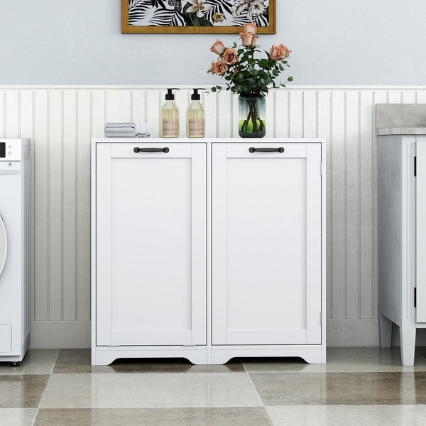 English Elm Laundry Cabinet with Tilt-Out Hamper, Adjustable Shelves & Doors, Freestanding White Storage Unit W331P280824