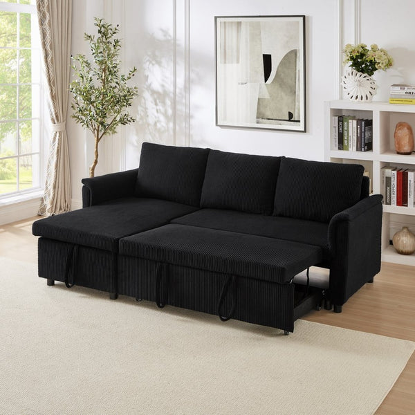 English Elm Loveseat Sectional Sleeper Sofa with Corduroy Tufted Upholstery Storage Chaise Reclining Black W2186S00011