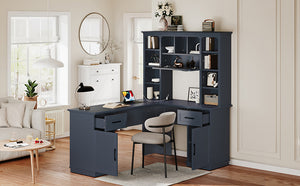 English Elm L-Shaped Corner Desk with 3 Cabinets, 2 Drawers & 11 Shelves, Built-In Power Outlet for Home Office Antique Blue W1580S00190