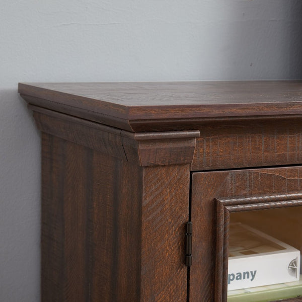 English Elm 2 Door Farmhouse Media Console with Glass Cabinet Panels and Open Shelving for Living Rooms W2275P389693