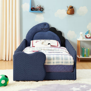 English Elm Twin Dinosaur Boucle Upholstered Kids Bed Solid Wood Frame with Padded Safety Rails Navy Blue W1413P384919