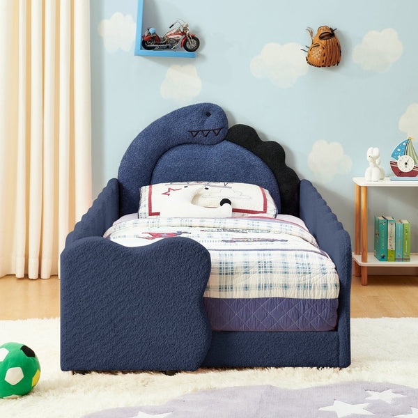 English Elm Twin Dinosaur Boucle Upholstered Kids Bed Solid Wood Frame with Padded Safety Rails Navy Blue W1413P384919