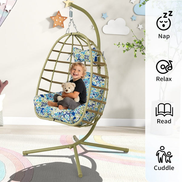 English Elm Egg Hanging Chair with Stand Pe Rattan Swing Seat Washable Cushion 350lb Capacity T5880P497438