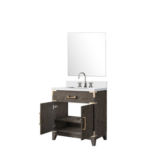 English Elm Brown Oak Single Bath Vanity Set With White Quartz Top, Mirror & Faucet - Elegant Bathroom Upgrade B2731S02003
