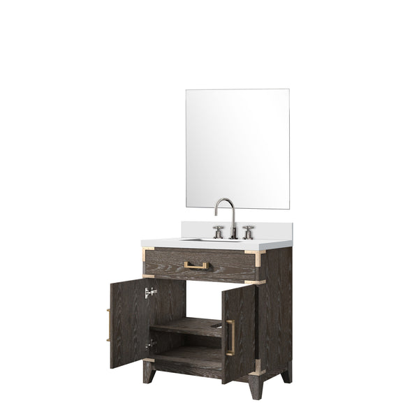 English Elm Brown Oak Single Bath Vanity Set With White Quartz Top, Mirror & Faucet - Elegant Bathroom Upgrade B2731S02003