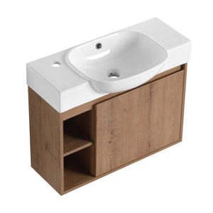 English Elm 26'' Wall-Mounted Bathroom Vanity with Glossy White Ceramic Sink, Soft-Close Door & Waterproof Finish Imitative Oak W999P310752