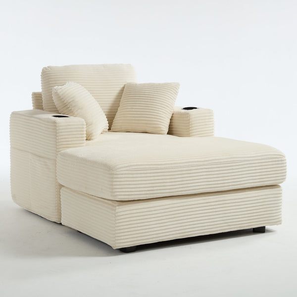 English Elm [New]Corduroy Chaise Lounge Sofa with Cup Holders,Detachable Cushions,Deep SeatMagazine Bag Beige W2120P322752