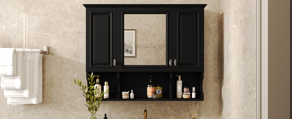 English Elm 35'' Modern Wall-Mounted Medicine Cabinet with Mirror, Hidden Storage and Open Shelves for Bath Black N710P209443B