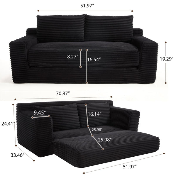 English Elm Loveseat Convertible Sofa Bed with Memory Foam & Steel Frame, No Assembly, Corduroy Comfort Black W3561P324174