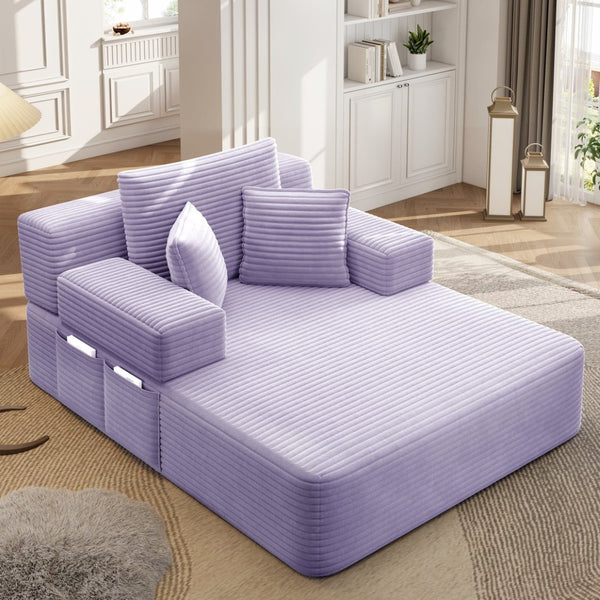 English Elm Luxurious Corduroy Frameless Chaise Sofa Bed with Spring Cushion and Storage Pocket Purple W3219P496264