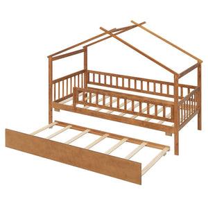 English Elm Twin House Bed with Trundle Solid Pine Frame Walnut Kids Bedroom Sleepover N708P357115L