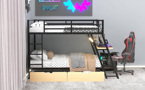 English Elm Full Full Size Metal Bunk Bed with Built-in Desk, Light, 2 Drawers, Shelves, Sturdy Space-Saver Black GX001517AAB
