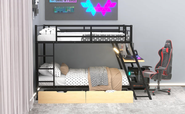 English Elm Full Full Size Metal Bunk Bed with Built-in Desk, Light, 2 Drawers, Shelves, Sturdy Space-Saver Black GX001517AAB