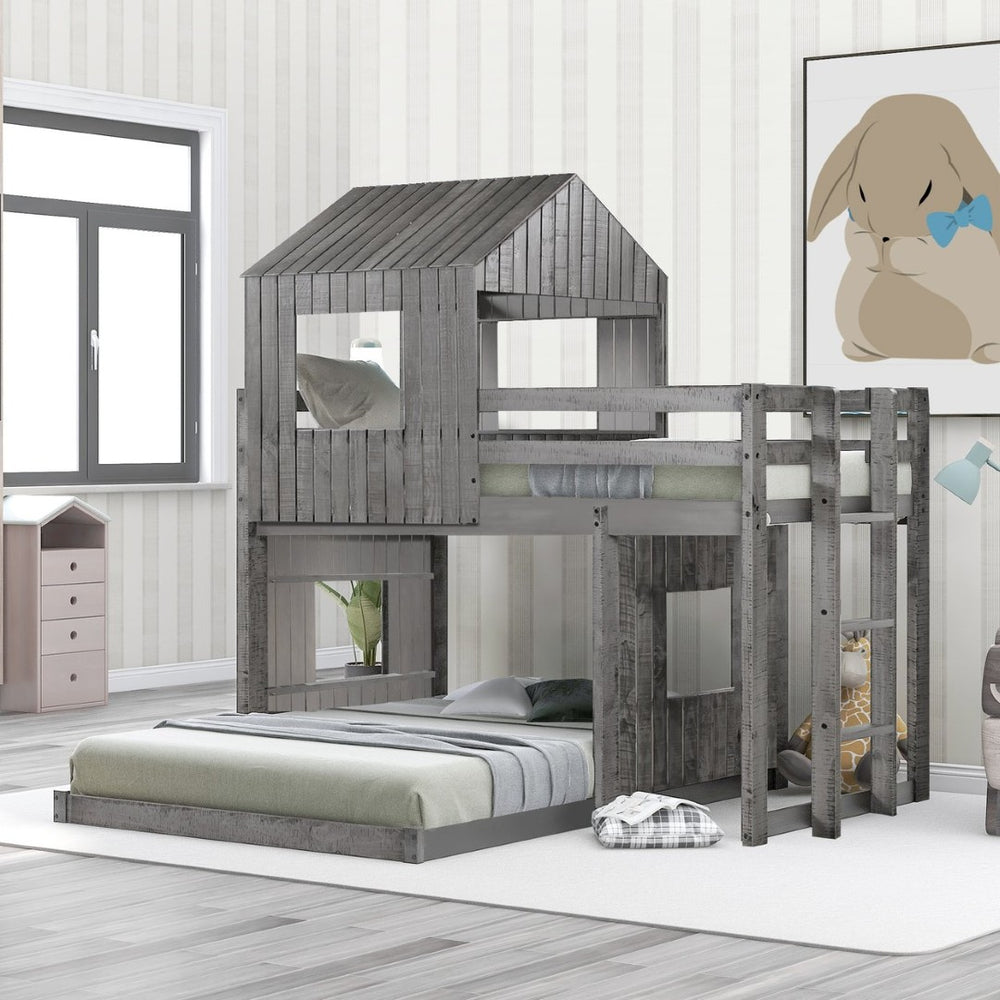 English Elm Wooden Twin Over Full Bunk Bed Farmhouse Playhouse Design with Ladder Guardrails LT000327AAE-1