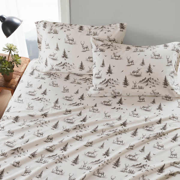 English Elm 4 Pcs King Sheet Set - Cozy Gray Deer Toile Flannel For Ultimate Comfort & Woodland Charm B035P319774