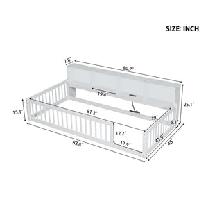 English Elm Wood Twin XL Floor Bed with Built-In Storage Cabinets, USB Charging Ports, Space-Saving Design White N709P205811K