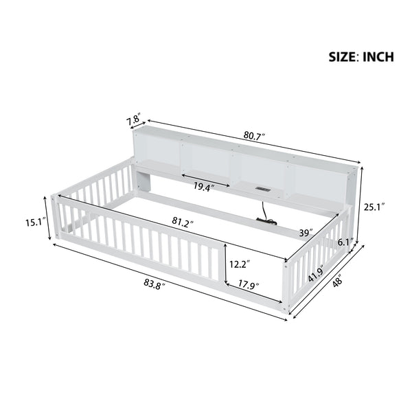 English Elm Wood Twin XL Floor Bed with Built-In Storage Cabinets, USB Charging Ports, Space-Saving Design White N709P205811K
