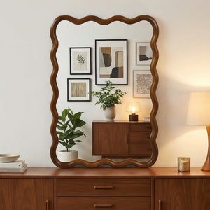 English Elm Black Walnut Solid Wood Wavy Frame Mirror Sculptural Bohemian Accent for Any Room W2203P455232
