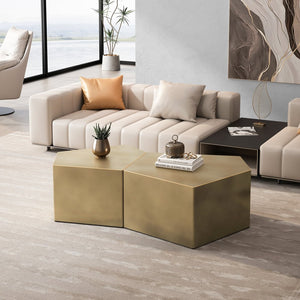 English Elm Irregular Geometric Nesting Coffee Table Set with Durable MDF Finish, Space-Saving Modern Accent Tables Set Antique Gold W757P206012