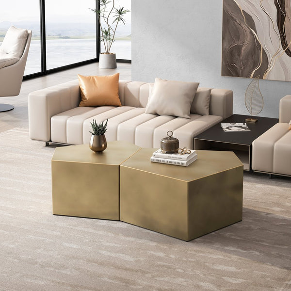 English Elm Irregular Geometric Nesting Coffee Table Set with Durable MDF Finish, Space-Saving Modern Accent Tables Set Antique Gold W757P206012