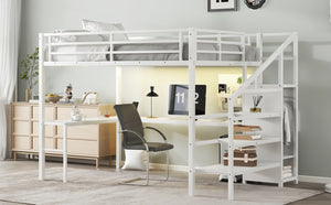 English Elm Queen Size Loft Bed With L-Shaped Desk, Usb Port & Led Lights - Stylish Space-Saving Solution For All W1580S00124-GIGA