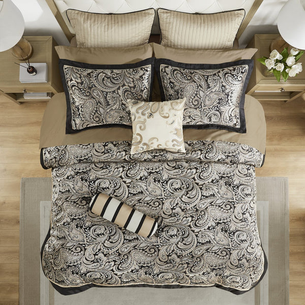 English Elm 12 Madison Park Aubrey 12-Piece Queen Comforter Set Paisley Jacquard with 200TC Cotton Sheets, Gold Accents Black 18.9 L x 24.02 W x 15.35 H B035128819