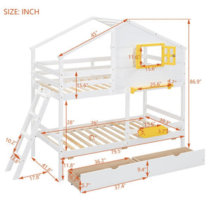 English Elm Twin Playhouse Bunk Bed Pinewood Frame with Pitched Roof Window Shelf and Storage Drawers White LT001608AAK-1