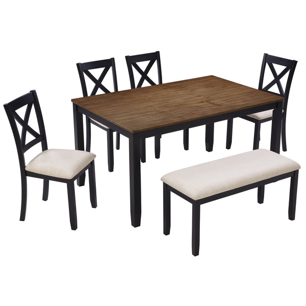 English Elm 6-Piece Timeless Farmhouse Dining Set With Bench, Black & Oak Finish, Comfort For 6 Guests W1998S00083