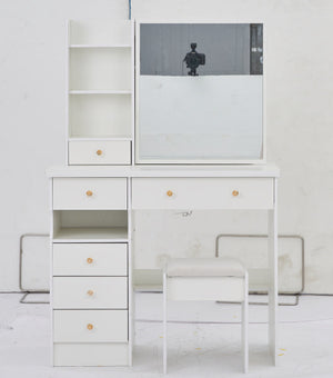 English Elm 37" Stylish Desktop Vanity Table Set With Sliding Mirror, Cushioned Stool & Multi-Layer Storage Solution W3258P293194
