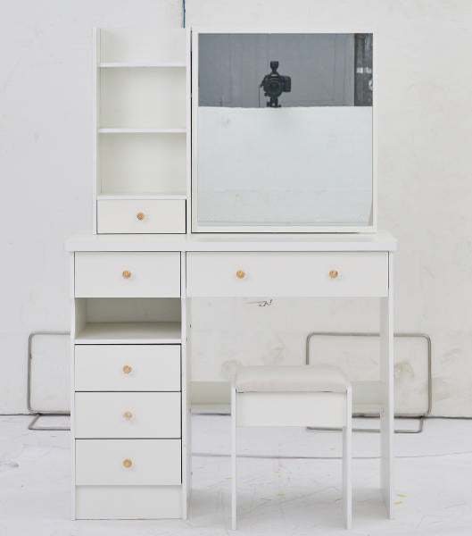 English Elm 37" Stylish Desktop Vanity Table Set With Sliding Mirror, Cushioned Stool & Multi-Layer Storage Solution W3258P293194
