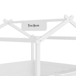 English Elm Queen House Shaped Kids Floor Bed Pine Wood Frame with Guardrails and Personalized Headboard Light White W1580P396334