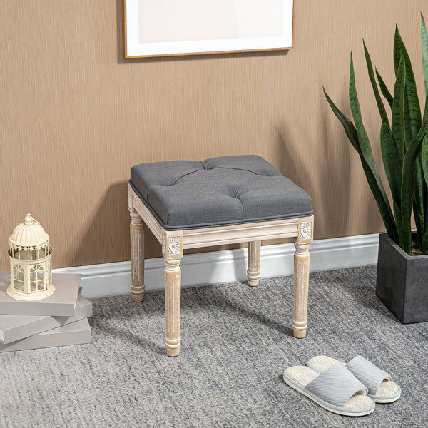English Elm HOMCOM Vintage Tufted Ottoman 16" Linen-Feel Footstool with Carved Wood Legs, Grey Accent Seat W2225P217637