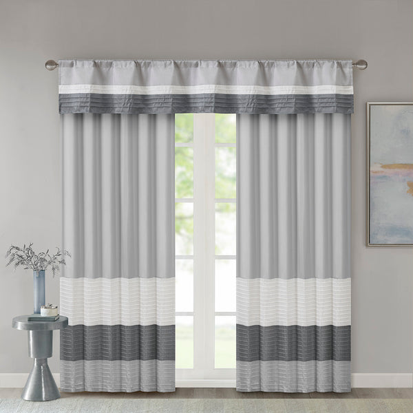 JLA Home Madison Park - Polyoni Pintuck Valance with Lined Color‑Block Stripes for Soft Light Diffusion and Tailored Texture Grey MP41-4377