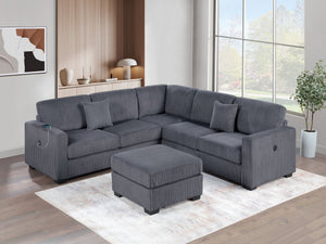 English Elm Living L-Shaped Sectional Sofa Set with Reversible Chaise, Tufted Burlap Fabric, Storage Ottoman, USB Port Dark Gray 34 L x 26 W x 46 H B011S01779