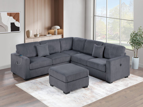 English Elm Living L-Shaped Sectional Sofa Set with Reversible Chaise, Tufted Burlap Fabric, Storage Ottoman, USB Port Dark Gray 34 L x 26 W x 46 H B011S01779