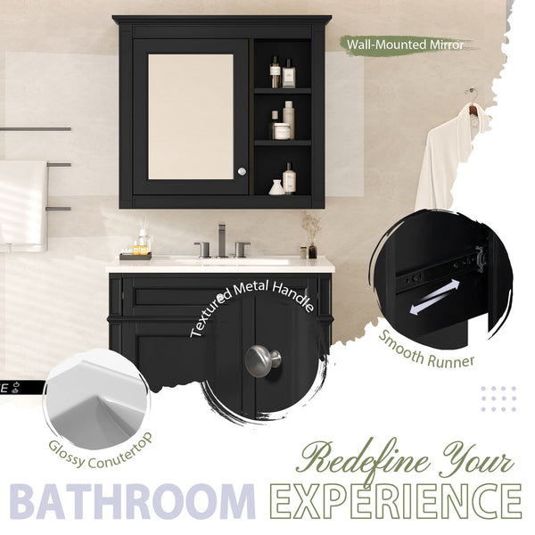 English Elm 30'' Bathroom Vanity Set With Mirror, Modern Freestanding Storage Cabinet & Integrated Sink Design SW000127AAB-1