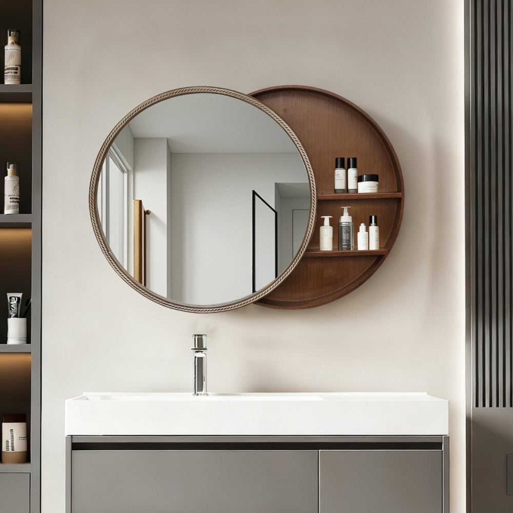 English Elm Round Rattan Textured Wall Mirror Natural Woven Frame Bohemian Accent for Any Room W2295P414103